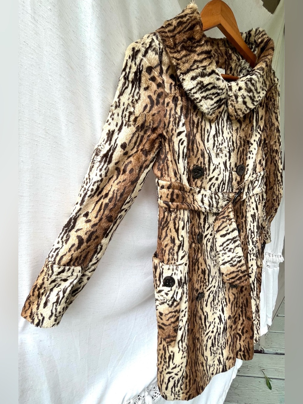 Sara Berman Faux Fur Pea Coat Portrait Neckline Collar Tiger Stripe Vintage - Picture 3 of 16